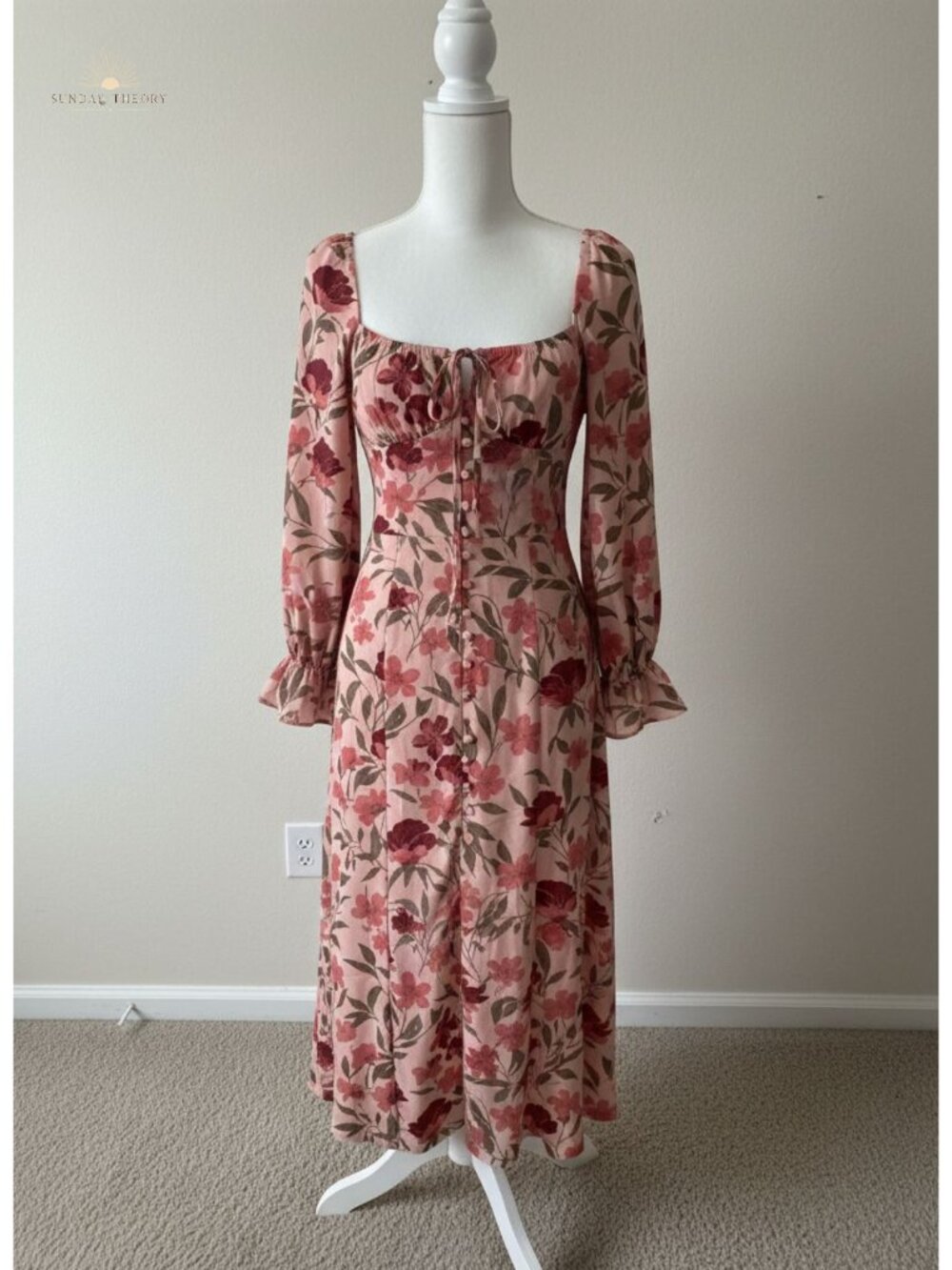 Womens Casual Square Neck Long Sleeve Boho Floral Midi Dress Side Split